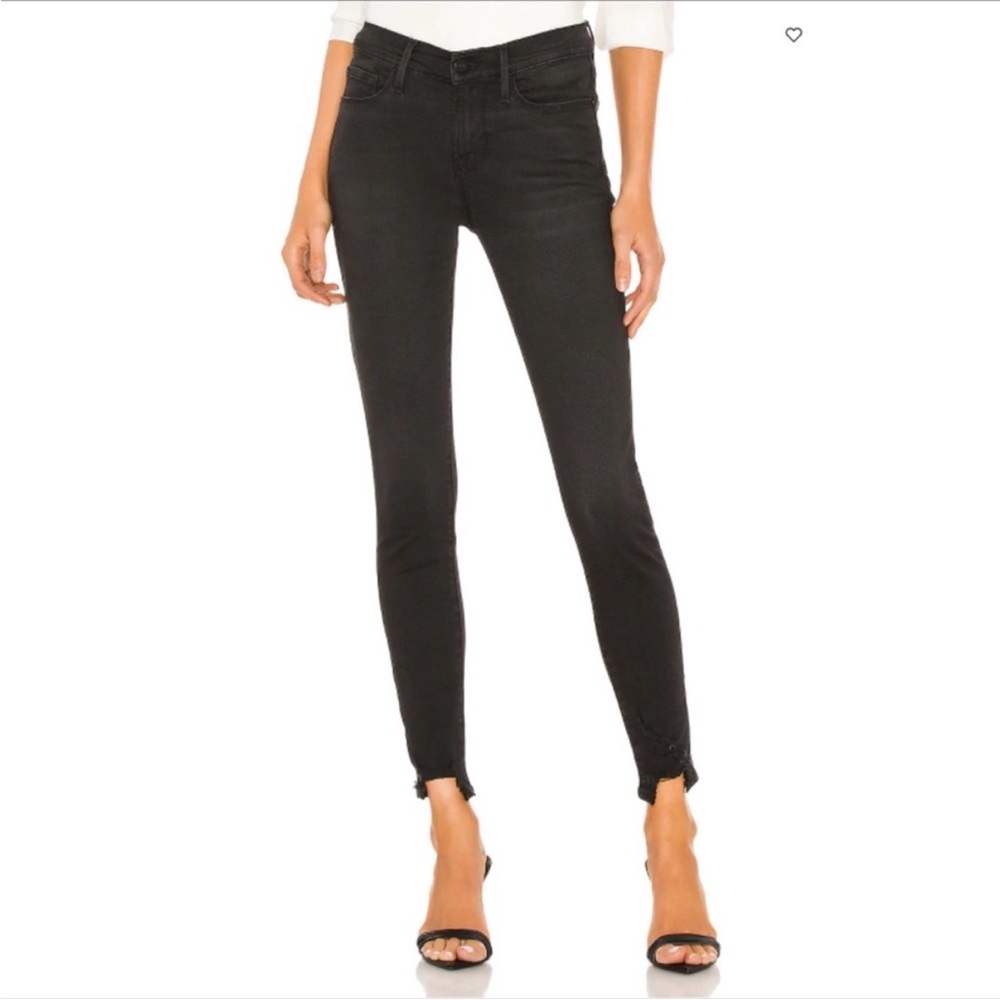 FRAME • Le Skinny de Jeanne Ankle Jeans Black Film Noir Raw Hem Size 25 Denim